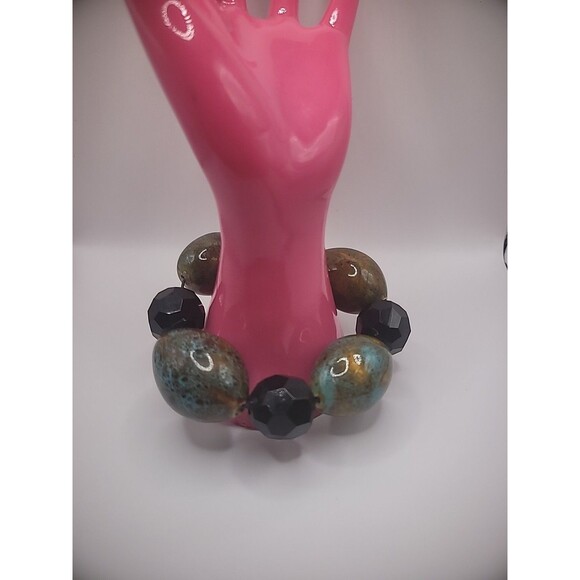 Vintage Bracelet Blue Tan Chalcedony Stone Beaded Black Faceted Stretch - Picture 1 of 10